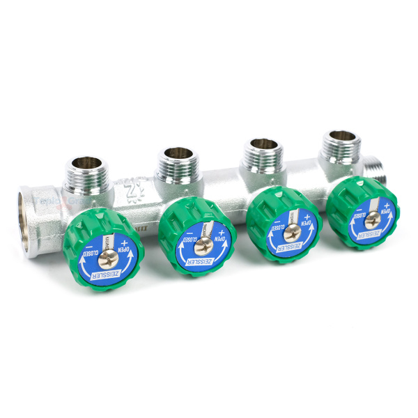 Коллектор Zeissler регулирующий 3/4x1/2 на 4 выхода (зеленые ручки)
