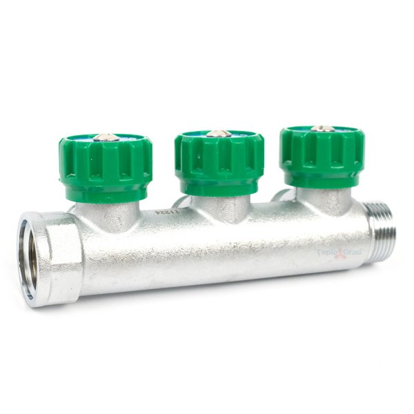 Коллектор Zeissler регулирующий 3/4x1/2 на 3 выхода (зеленые ручки)