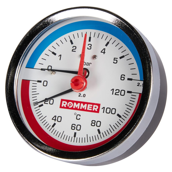 Термоманометр аксиальный Rommer 80 мм, 0-6 бар, 1/2
