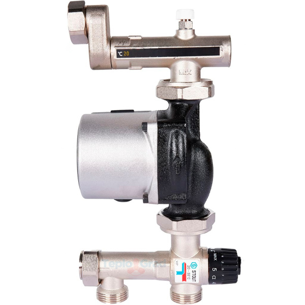 Смесительный узел Stout с термостатическим клапаном 20-55°C, насосом Grundfos UPSO 25-65, никелированный