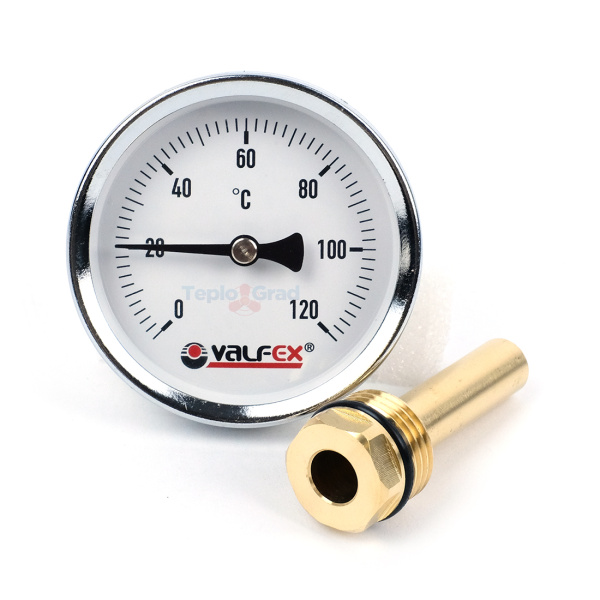 Термометр биметаллический Valfex 63 мм, 1/2,  120°С с погружной гильзой