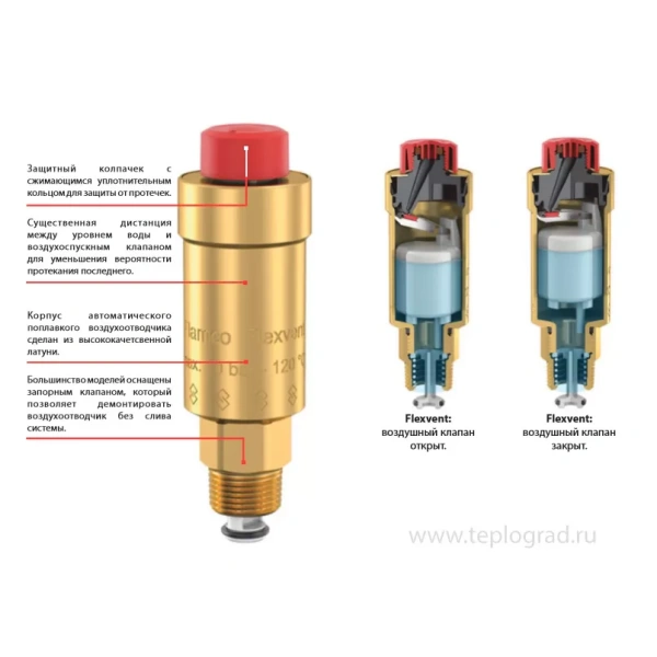 Автоматический воздухоотводчик Flamco Flexvent G 1/2 с отсечным клапаном, 89000
