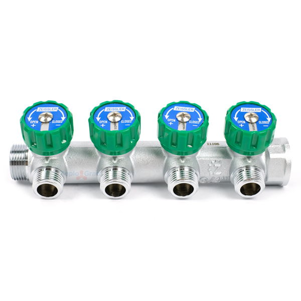 Коллектор Zeissler регулирующий 3/4x1/2 на 4 выхода (зеленые ручки)