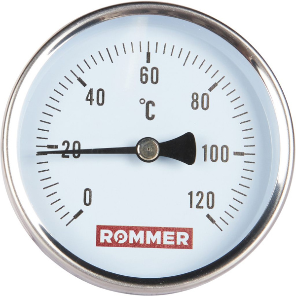 Термометр биметаллический с погружной гильзой Rommer, корпус 80 мм, гильза 75 мм